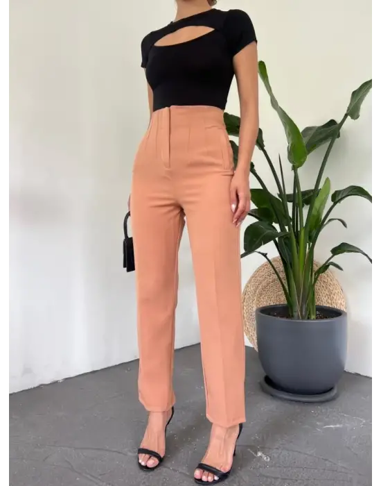 Omarı Yüksek Bel Fermuarlı Tarçın Pantolon