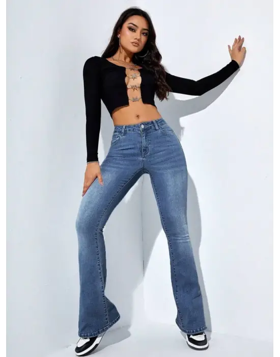 Omarı Yüksek Bel Cepli İspanyol Paçalı Kot Pantolon