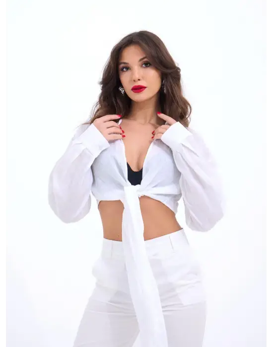 Omarı Yüksek Bel Crop Beyaz Pantolon