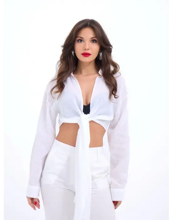 Omarı Yüksek Bel Crop Beyaz Pantolon