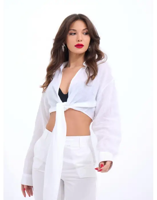 Omarı Yüksek Bel Crop Beyaz Pantolon