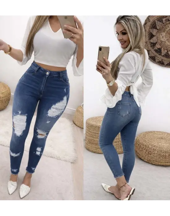 Yüksek Bel Düğmeli Kot Pantolon