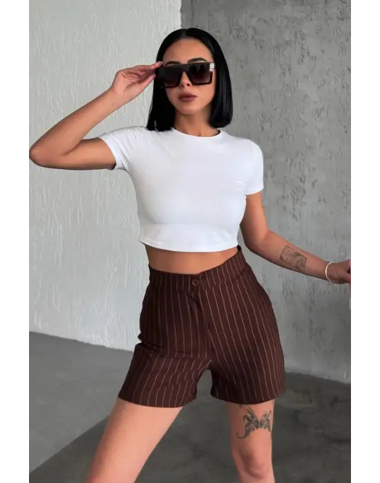 Omarı Yüksek Bel Krep Esnek Çizgili Şort Kahverengi