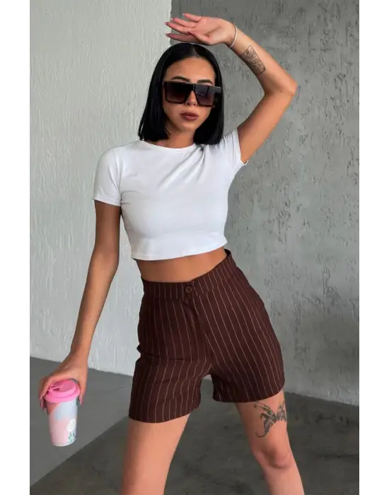 Omarı Yüksek Bel Krep Esnek Çizgili Şort Kahverengi
