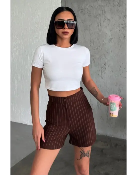 Omarı Yüksek Bel Krep Esnek Çizgili Şort Kahverengi