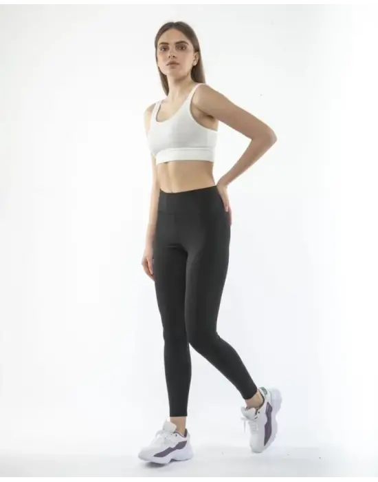 Yüksek Bel Geniş Kemer Dalgıç Tayt - Siyah