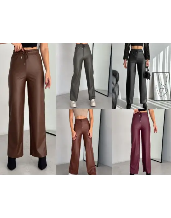 Şık Geniş Paça İçi Şardonlu Deri Pantolon