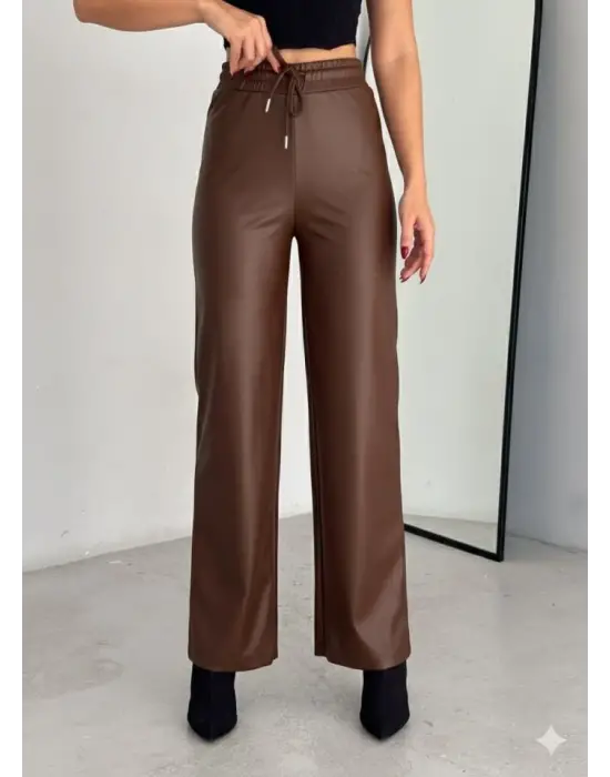 Şık Geniş Paça İçi Şardonlu Deri Pantolon