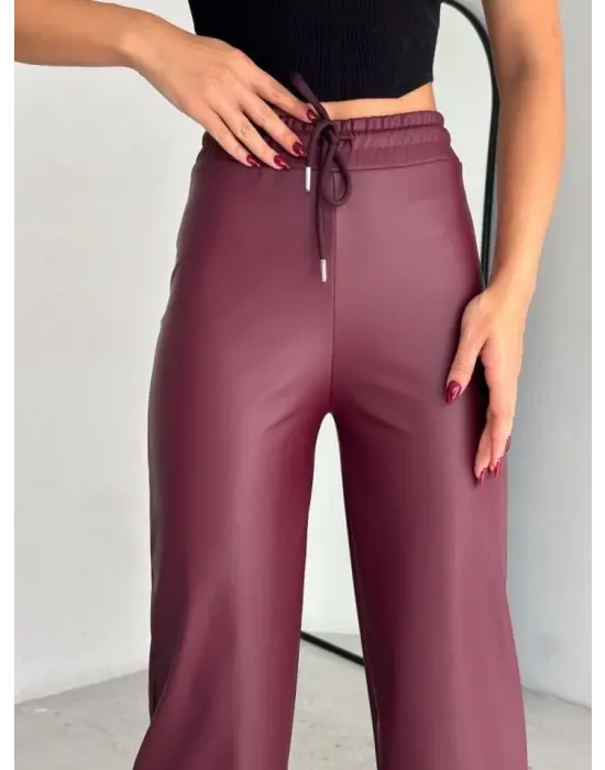 Yüksek Bel Geniş Paça Içi şardonlu Deri Pantolon.