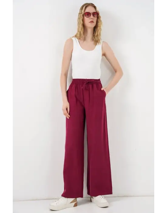 Yüksek Bel Geniş Paça Pantolon 30097 - Bordo