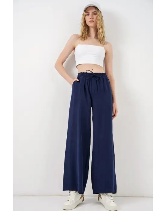Yüksek Bel Geniş Paça Pantolon 30097 - Lacivert