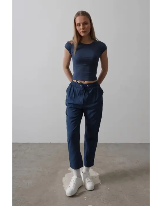 Omarı Yüksek Bel İndigo Pantolon - Rahat ve Şık