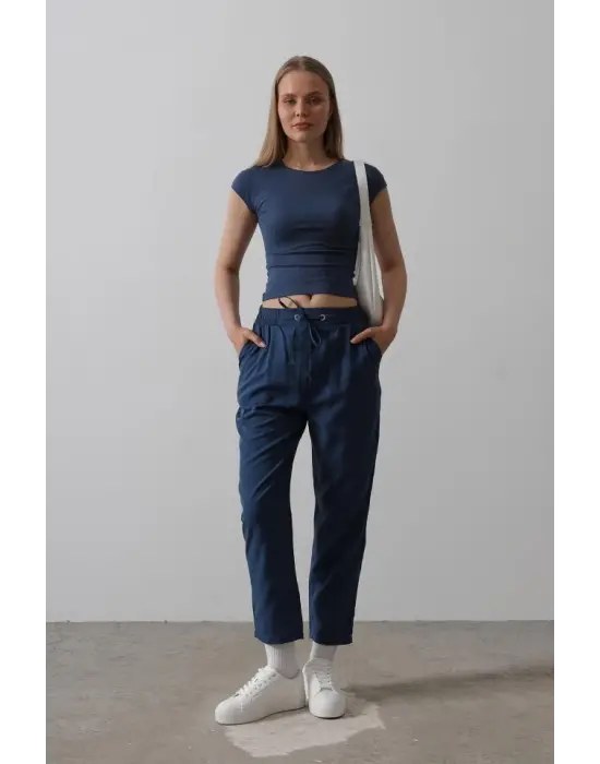 Omarı Yüksek Bel İndigo Pantolon - Rahat ve Şık