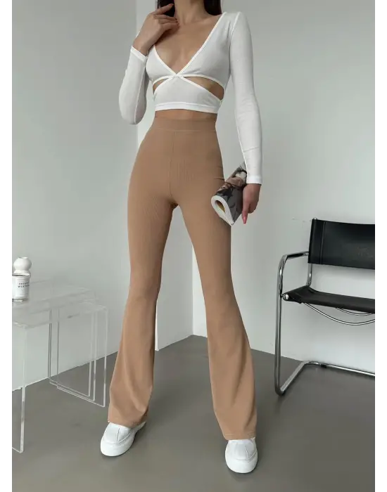 Omarı Yüksek Bel İspanyol Paça Fitilli Toparlayıcı Bej Tayt