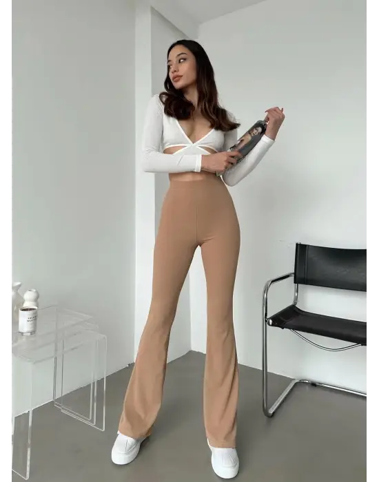 Omarı Yüksek Bel İspanyol Paça Fitilli Toparlayıcı Bej Tayt