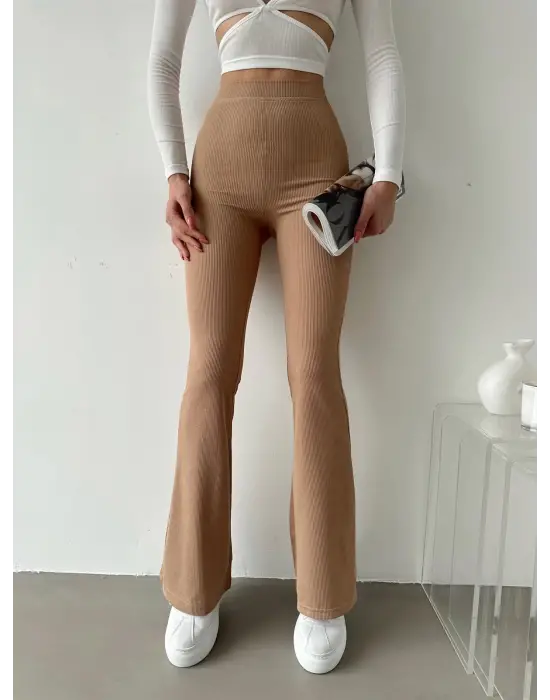 Omarı Yüksek Bel İspanyol Paça Fitilli Toparlayıcı Bej Tayt