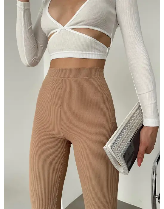 Omarı Yüksek Bel İspanyol Paça Fitilli Toparlayıcı Bej Tayt