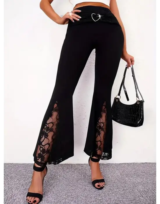 Omarı Yüksek Bel Kalpli Kemerli Dantel Detaylı Pantolon