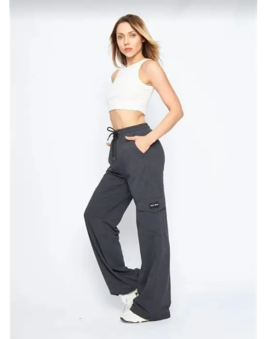 Yüksek Bel Kargo Cepli Palazzo Pantolon Oversize Bol Paça İki İplik Rahat Kesim - Antrasit