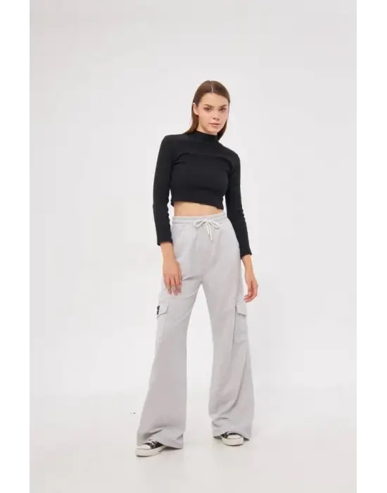 Yüksek Bel Kargo Cepli Palazzo Pantolon Oversize Bol Paça İki İplik Rahat Kesim - Gri