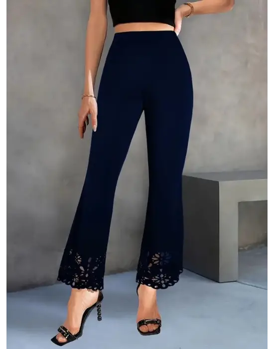 Omarı Yüksek Bel Lazer Kesim Detaylı Kadın Krep Pantolon