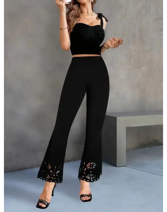 Omarı Yüksek Bel Geniş Kesim Çiçek Detaylı Krep Pantolon