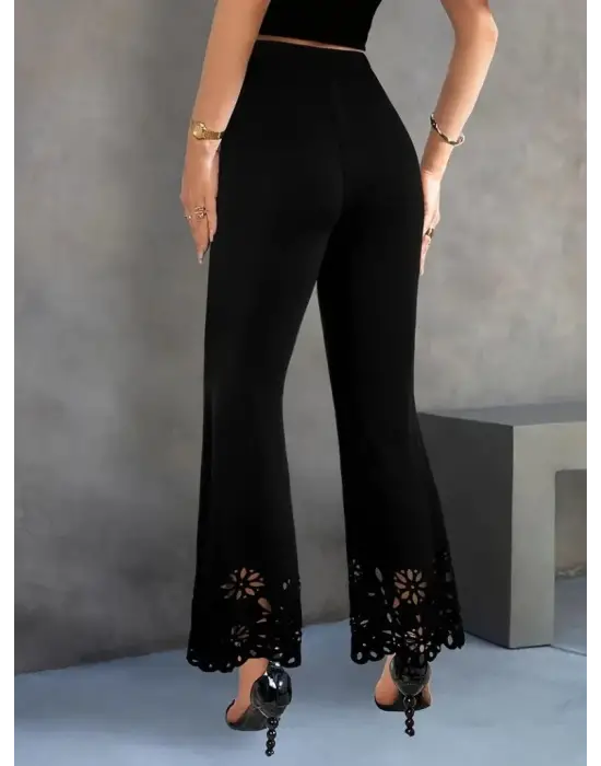 Omarı Yüksek Bel Geniş Kesim Çiçek Detaylı Krep Pantolon