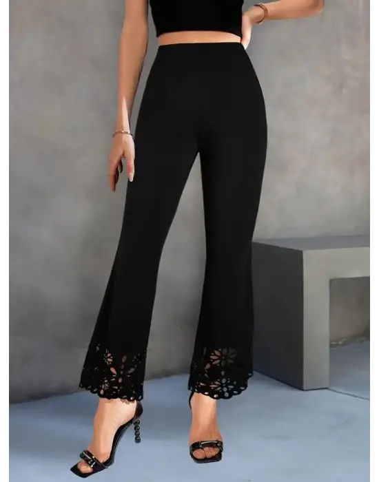 Omarı Yüksek Bel Geniş Kesim Çiçek Detaylı Krep Pantolon