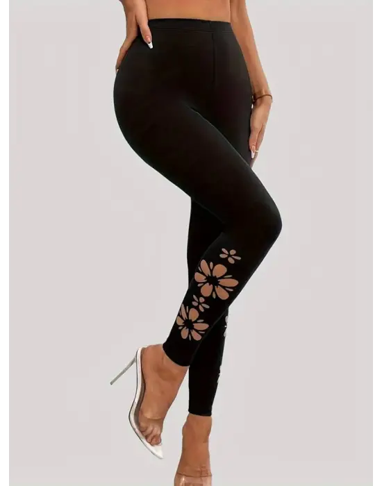 Omarı Yüksek Bel Lazer Çiçek Kesimli Kadın Taytı