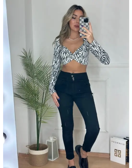 Yüksek Bel Likralı Jean Pantolon 90 Cm