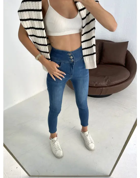 Yüksek Bel Likralı Jean Pantolon 90 Cm