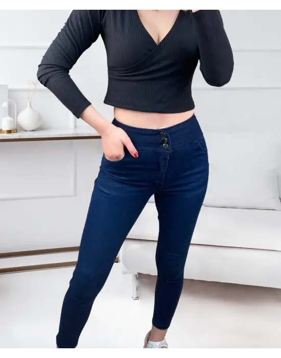 Omarı Yüksek Bel Likralı Jean Pantolon - Uzun Bacak