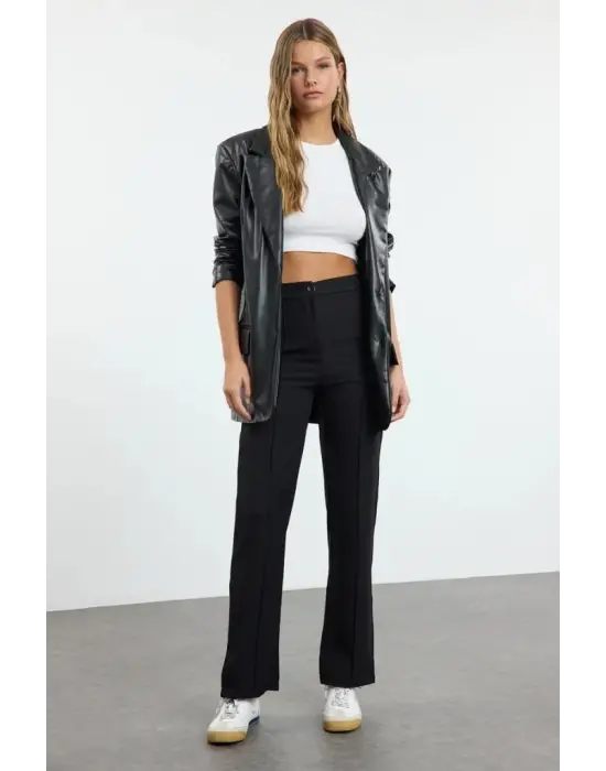 Omarı Yüksek Bel Nervurlu Krep Pantolon