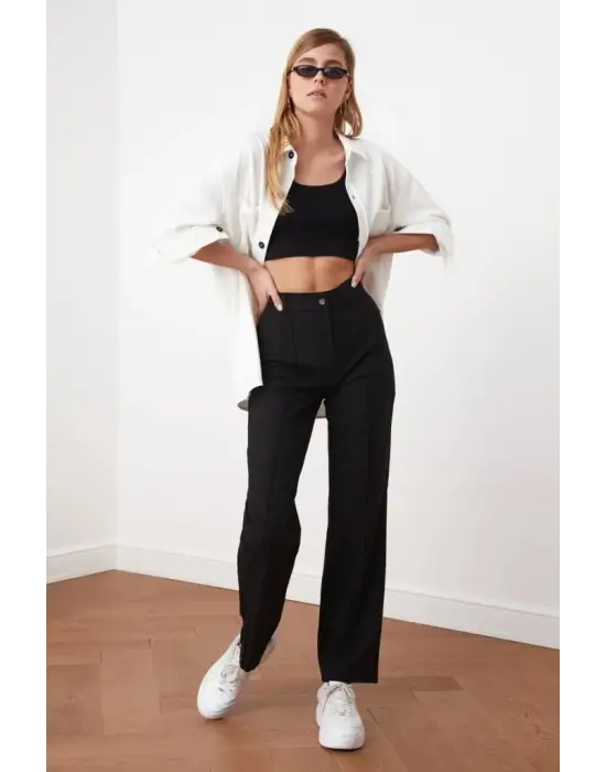 Omarı Yüksek Bel Nervurlu Krep Pantolon