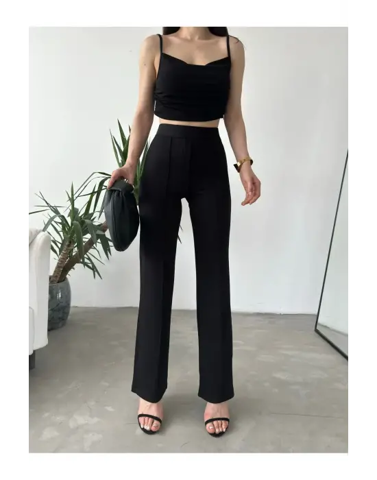 Omarı Yüksek Bel Önü Biyeli Siyah Pantolon