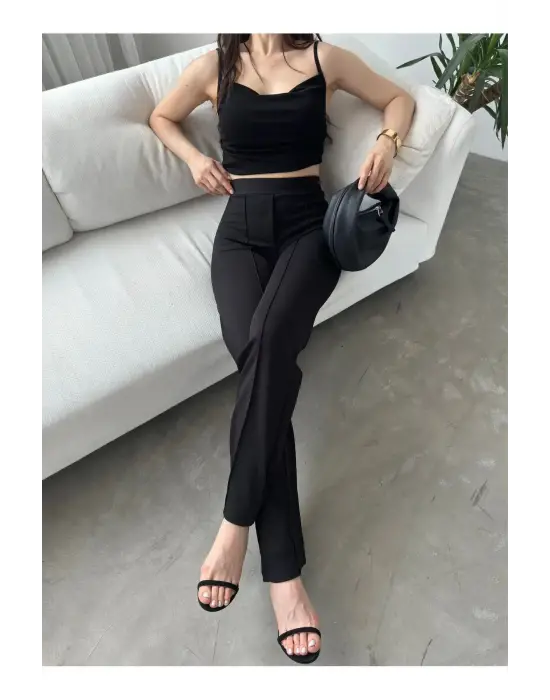 Omarı Yüksek Bel Önü Biyeli Siyah Pantolon