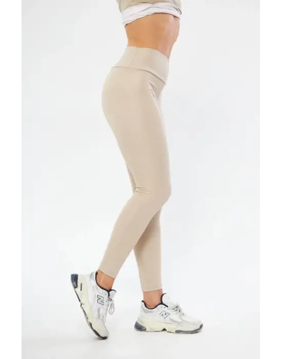 Omarı Yüksek Bel Sıkılaştırıcı Likralı Kışlık Tayt - Bej