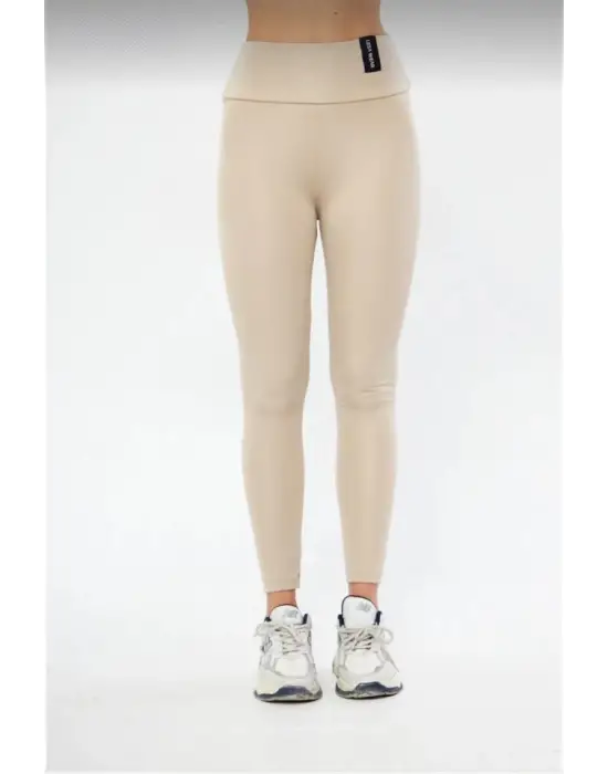 Omarı Yüksek Bel Sıkılaştırıcı Likralı Kışlık Tayt - Bej