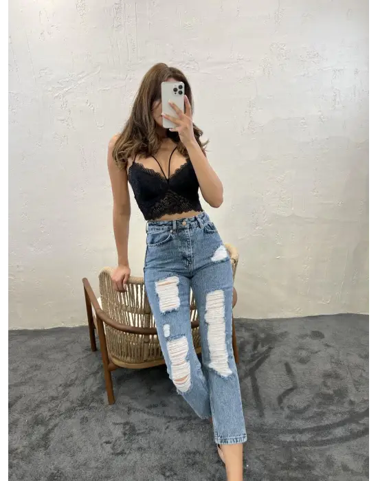 Omarı Yüksek Bel Mavi Kot Pantolon