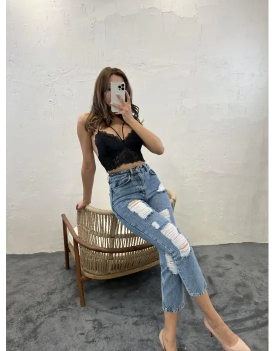 Omarı Yüksek Bel Mavi Kot Pantolon