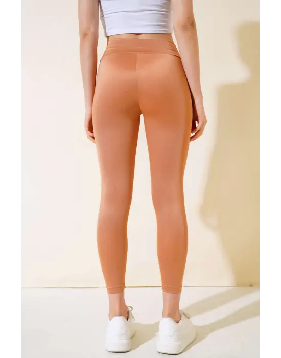 Omarı Yüksek Bel Esnek Taba Disco Tayt