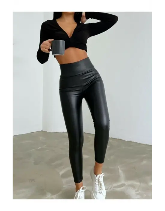 Yüksek Bel Toparlayıcı İçi Şardonlu Deri Tayt