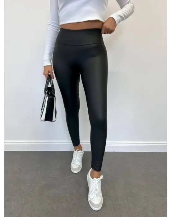 Yüksek Bel Toparlayıcı İçi Şardonlu Deri Tayt