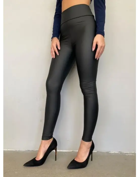 Yüksek Bel Toparlayıcı İçi Şardonlu Deri Tayt