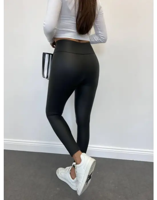 Yüksek Bel Toparlayıcı İçi Şardonlu Deri Tayt