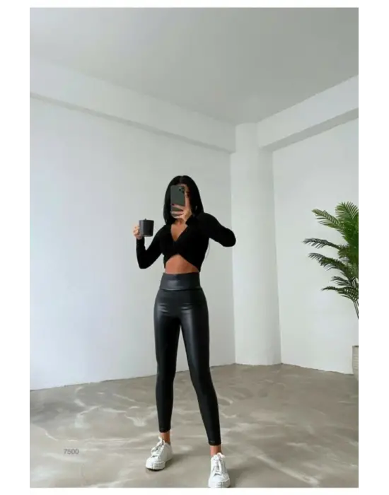 Yüksek Bel Toparlayıcı İçi Şardonlu Deri Tayt