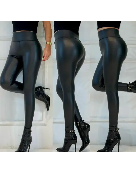 Yüksek Bel Toparlayıcı İçi Şardonlu Deri Tayt