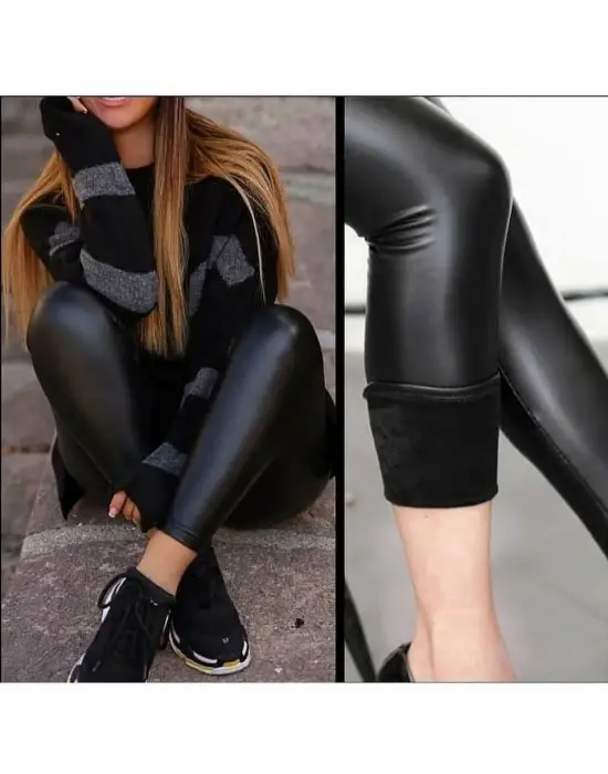 Yüksek Bel Toparlayıcı İçi Şardonlu Deri Tayt