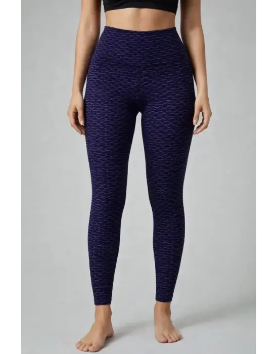 Yüksek Bel Toparlayıcı Likralı Büzgülü Tayt - Mavi