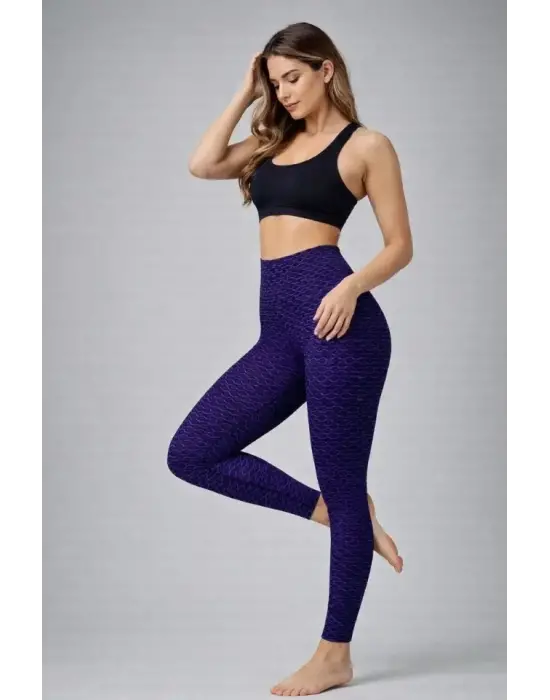 Yüksek Bel Toparlayıcı Likralı Büzgülü Tayt - Mavi